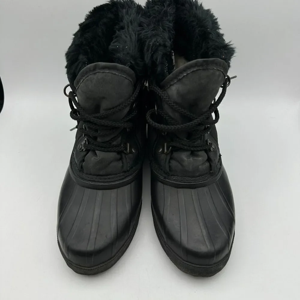 Sorel Kaufman Ankle Snow Boots Womens 7 Black‎ Fur Trim Lace Up Winter
